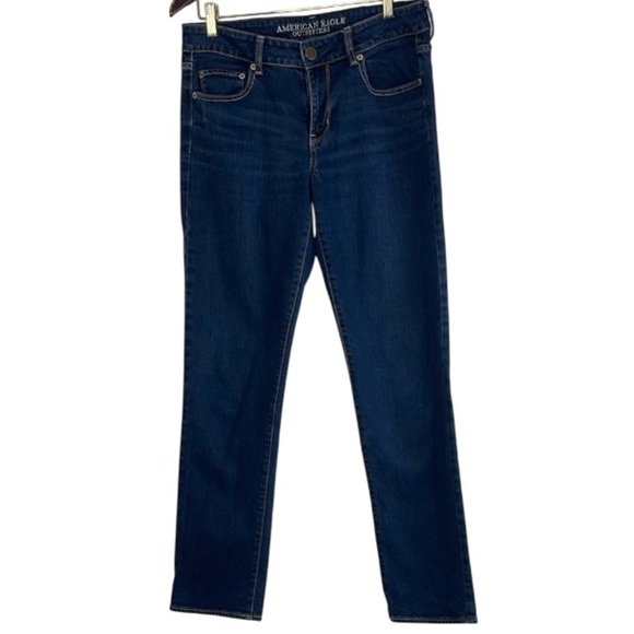 American Eagle Retro Low Rise Straight Stretch Jeans Blue Dark Wash Denim 10 L - Picture 1 of 9